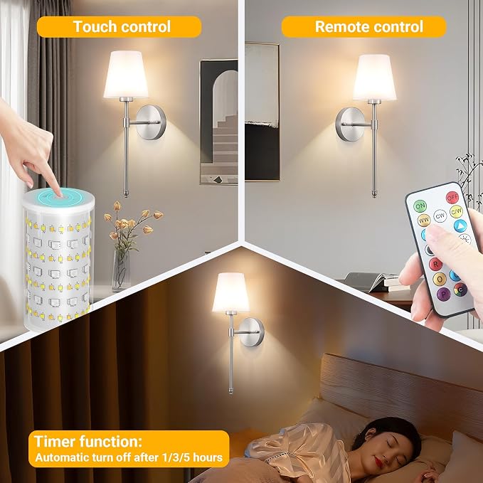 Vimhou Peel and Stick Wall Sconces, Stick On Wall Sconce Set of 2, Battery Operated Wireless Wall Light, No Drill Adhesive Wall Lamp, Corn Bulb with 10000mAh Rechargeable Battery, Bedroom Wall Decor