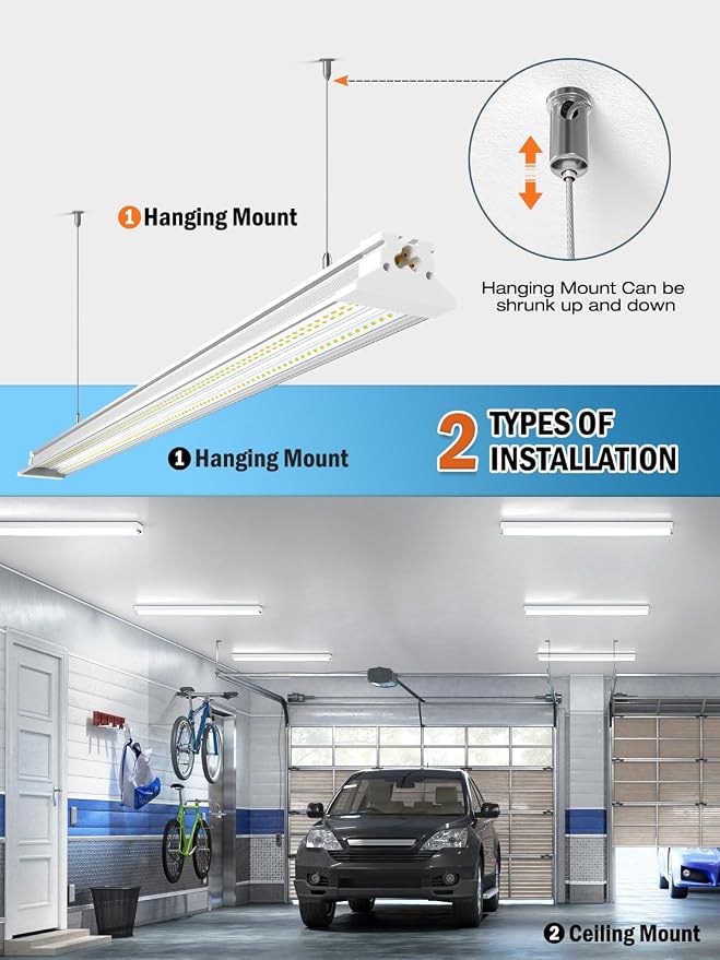 Commercial-grade 10000LM 5000K 60W Linkable 4 Foot Led Shop Lights for Shop | Upgrade Super Bright 4 Pack Hanging&Surface Mount 4' Linkable 4FT Led Shop Light Fixture for Workshop Garage Workbench