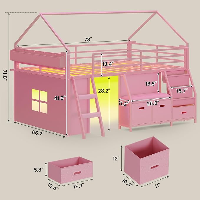ADORNEVE Low Loft Bed Full Size with Bookshelf, Reading Nook & 3 Drawers | Pink Kids Loft Bed, LED Light, Storage Drawers, Under-Bed Play Space,Safety Guardrail, Inclined Ladde, Play Curtain