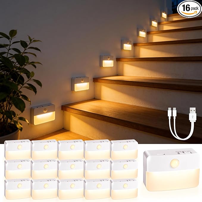 16 Pack Rechargeable Motion Sensor Stair Lights for Indoor, Wireless Battery Operated Night Light, Magnetic Led Stick On Portable Lamp for Step Hallway Closet Under Cabinet Bedroom Kitchen Bathroom