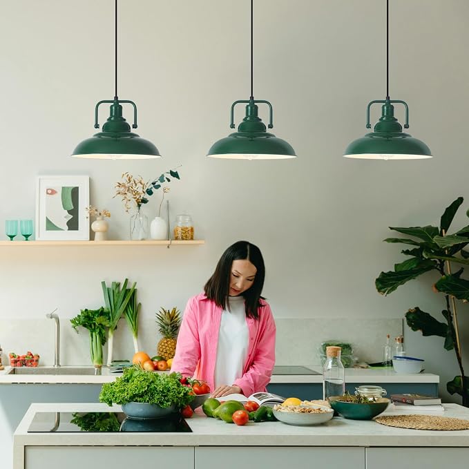 Farmhouse Pendant Light, 12.5inch, 3 Packs Green Kitchen Pendant Lights, Island Pendant Lights, Pendant Lights Kitchen Island, Pendant Light for Bedroom, Office, Kichen Sink, Library