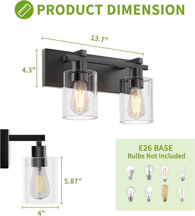 2-Light 13inch Matte Black Vanity Light, Thickened Clear Glass | Over Mirror for Bathroom, Rust Resistant, E26 Base, Easy Install, Removable Glass Shade Horizontal Mount, Dimmable