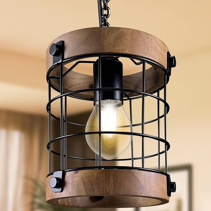 Farmhouse Pendant Light Fixtures, Wood & Metal, E26 Max 60W | Rustic Hanging Lamp for Kitchen, Sink, Entryway – Adjustable 47.2" Pipe, Sloped Ceiling Compatible, Incandescent