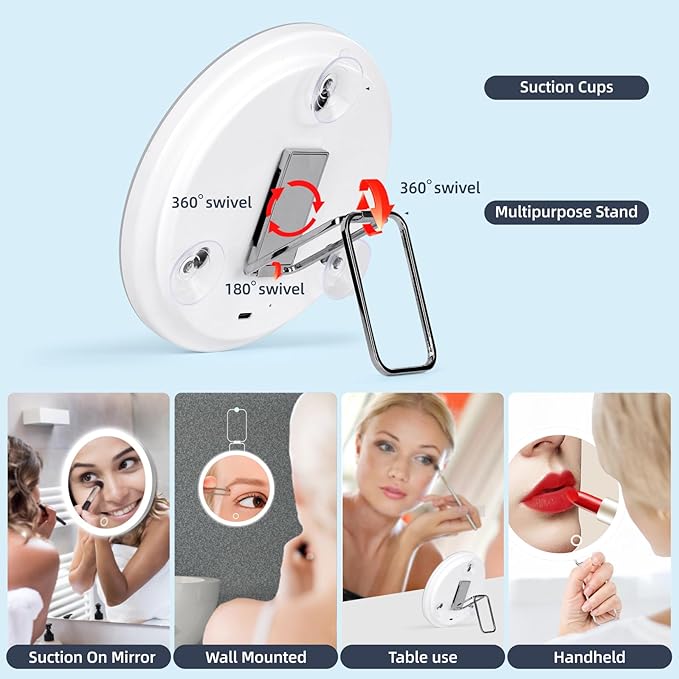 Magnifying Mirror with Light 30X, , Large 6" Rechargeable 3 Colors Modes Dimming Lighted Makeup Mirror with 30X Magnification, LED Travel Magnified Mirror with 3 Suction Cups and 360° Table Stand