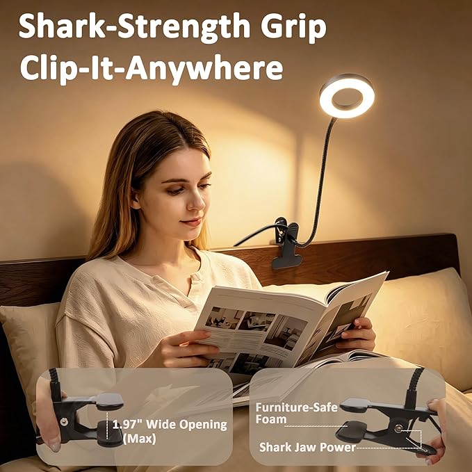 Akynite Desk Lamp Clip on Light, 48 LED Clamp Lamp, 5 Color 10 Brightness | USB Powered with Adapter, 360° Flexible Gooseneck, Eye Protection, Reading Book Lights Clamp on for Bed Home Office Study