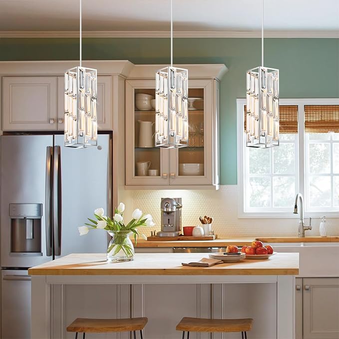 Modern 1-Light Crystal Pendant Light Kitchen Island, Chrome, 2-Pack | Mini Crystal Chandeliers, Height Adjustable Cord, Ceiling Hanging Lighting for Kitchen Island Dining Room Bedroom