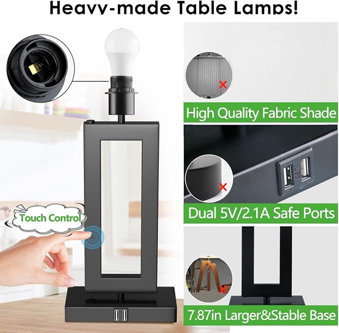 MoMyofdy White& Black Table Lamp Set of 2 Touch Control Lamps 3-Way Dimmable Bedroom Bedside Nightstand Lamps w/USB Ports Modern Table Lamp for Living Room End Table Office, 22’’ Tall, Daylight