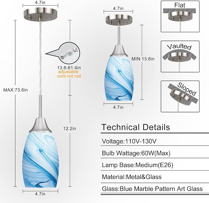 Viinew Mini Glass Pendant Light,1-Pack Blue Marble Glass Pendant Lights | Handblown Blue Marble Oval Art Glass Lamp Ceiling Hanging Light 4.72" Small Chandelier for Dining Room Kitchen