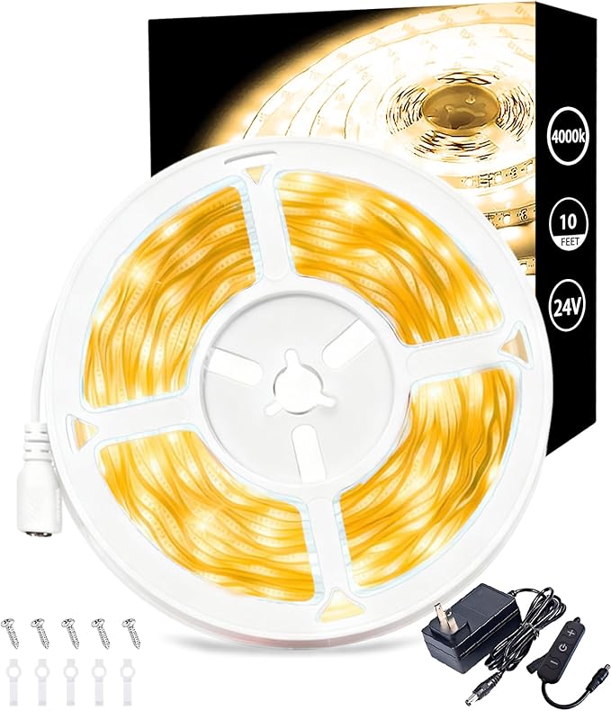 4000k 10 Foot Led Strip Lights for Bedroom Dimmable 10 FT 180 LEDs Rope Light Flexible Super Bright White Tape Lights for Ceiling Room Home Decor Luces LEDs for DIY Living Room Kitchen Vanity