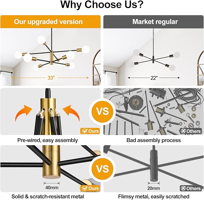 Sputnik Chandeliers Dining Room Light Fixture (8-Light, 30-Inch), Modern Brushed Gold and Black Chandelier, Height Adjustable Mid Century Modern Chandeliers for Dining Room (Bulbs Not Included)