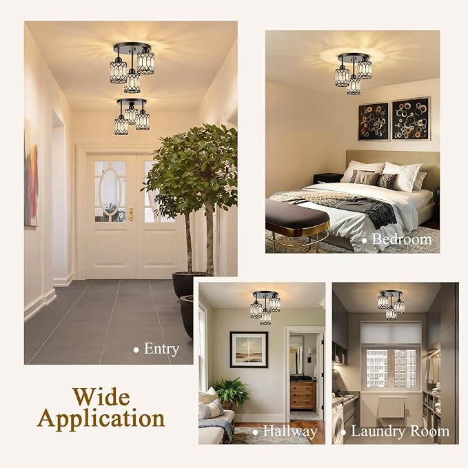 Black Crystal Ceiling Light Fixture, 3-Light, E26 | Modern Semi Flush Mount Ceiling Light, Kitchen Lighting Fixtures Ceiling for Hallway Bedroom Bathroom Laundry Room