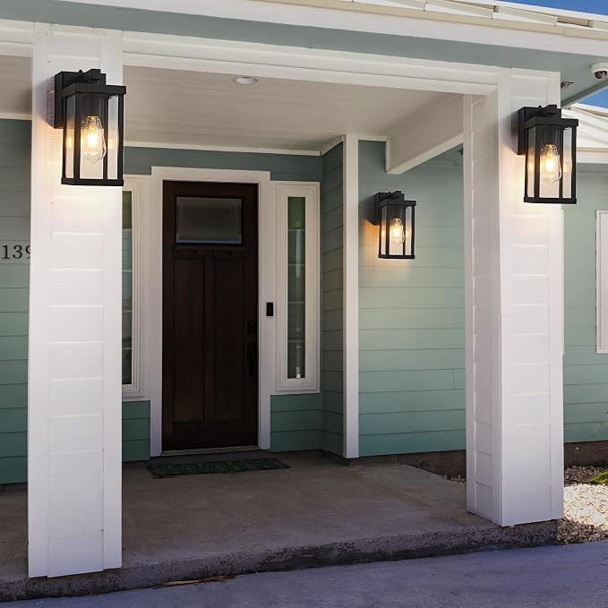 Porch Lights with GFCI Outlets Dusk to Dawn Outdoor Wall Lights Waterproof Exterior Lighting Fixtures Modern Outside Lights Wall Mount for House Patio Garage,Black,11.8''H, 2 PC