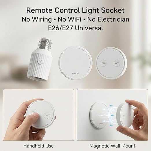 LoraTap Remote Control Light Socket, Wireless Light Switch for Pull Chain & Bare Fixtures, Wall Mount, 100ft Range for Closet, Basement & Garage, E26 E27 Adapter, No Wiring