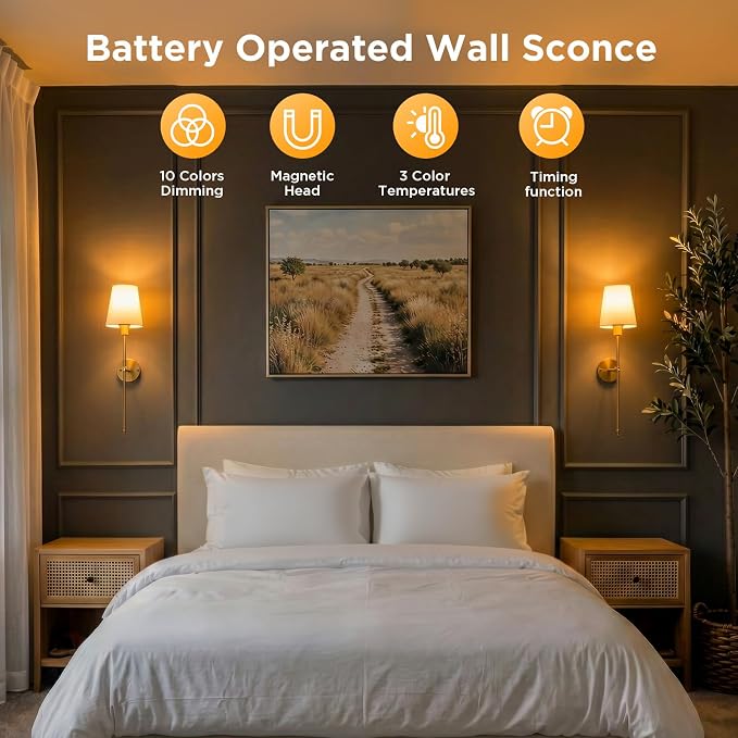 Brightown Battery Operated Wall Sconces Set of Two,Gold Sconces Wall Decor | RGBWW Rechargeable Wall Lights with Dimmable Magnetic Bulbs & Remote, Wireless Wall Lamp for Living Room Bedroom Hallway