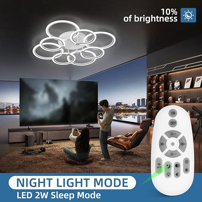 LED Ceiling Light, 8-Ring Modern Flush Mount Fixture, 145W Dimmable 3000K–6500K, White Ceiling Light with Remote for Living Room Bedroom Kitchen (35.4")