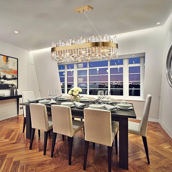 Siljoy Modern Crystal Chandelier 16-Light Luxury Gold Rectangle K9 Crystal Raindrop Chandelier Dimmable Oval Crystal Ceiling Light for Dining Room Living Room Foyer Entryway L35.4''