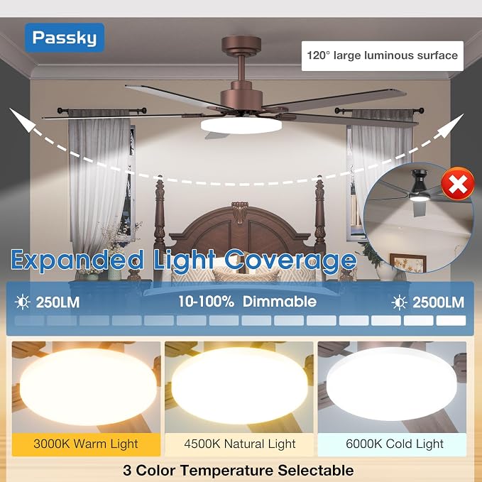 Passky 60 Inch Brown Sleek Ceiling Fans with Lights, Remote Control | 3-color dimmable light, quiet reversible DC motor, easy install, memory, Timer, APP, bedroom, covered outdoor areas