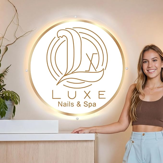 Custom Backlit Logo Sign for Business, Plug/Battery Powered Metal LED Signs | for Bars, Salons, Offices, Company & Storefront Wall Decor, 10-60in, 11 Lighting, Dimmable/RGB Color Change, Upload Picture