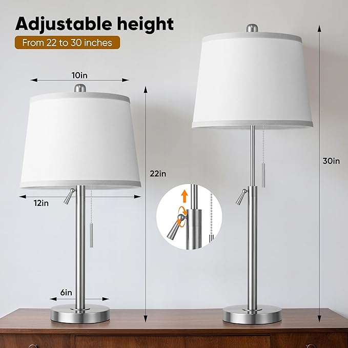 Bedside Table Lamps Set of 2, Tall Silver Table Lamps for Living Room, Height Adjustable Nightstand Lamps for Bedroom, Modern Lamps with Pull Chain for End Table Office(Bulbs Included), Sand Nickel
