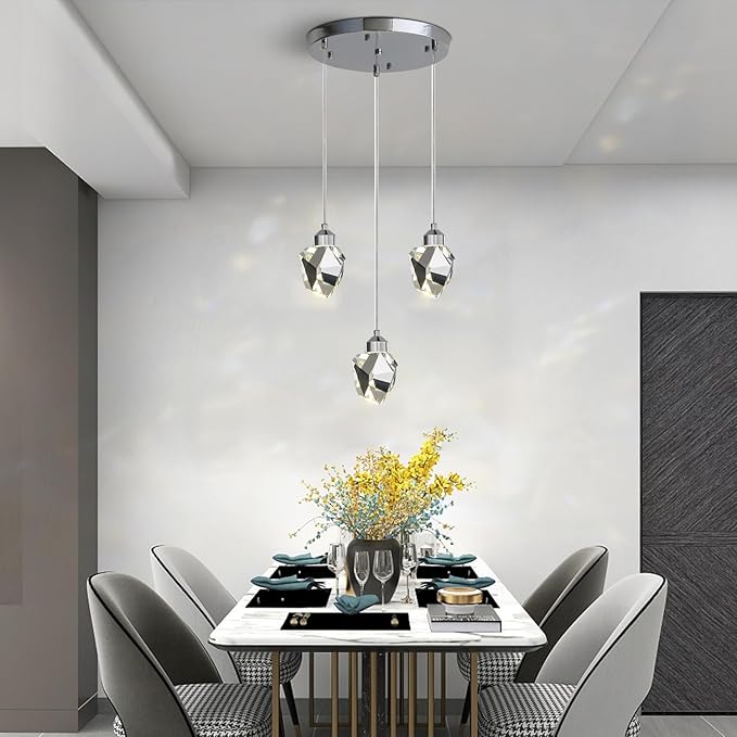 Modern Crystal Pendant Light, 3-Color LED Crystal Pendant Lamp, Adjustable Height Silver Ceiling Hanging Lamp, for Kitchen Island Bedroom Living Room Dining Room Lighting (3-Head Round Base)
