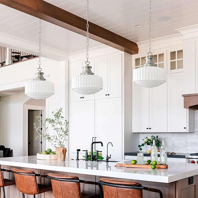 Vintage Milk Glass Pendant Light Fixtures, 10.63" Milk Glass Chandelier, Brushed Nickel Pendant Lights Kitchen Island, Milk Glass Pendant Light for Kitchen Island Lighting, Dining Room & Entryway