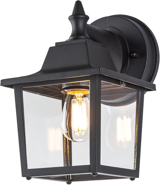 Outdoor Wall Light Fixture, Rustproof Aluminum, Glass | Exterior Porch Light Wall Sconce Lantern for House, Patio, Garage, Waterproof, E26 Socket 60W Max, Black, 1 Pack