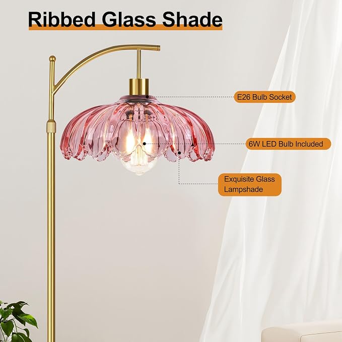 ILLMTW Floor Lamp for Living Room,Bedroom,Gold Dimmable Standing Lamp with Remote,Mid Century Modern Brass Tall Lamp Retro Vintage Pink Glass Lamp Floor Light Boho Bohemian