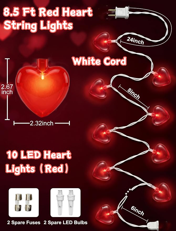 8.5Ft Heart String Lights, Valentines Day Decorations Lights with 10 Red Heart Lights, Plug in Fairy Heart Shape String Lights for Window Wedding Anniversary Bedroom Party Valentine's Day Decorations
