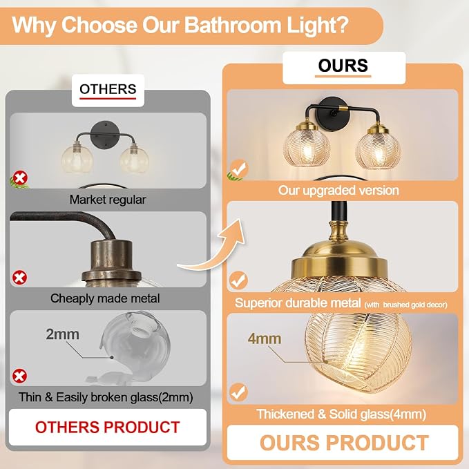 MOKATNG Bathroom Light Fixtures, 2-Light Amber Vanity Lights with Unique Leaf Texture Glass Shade, Modern Matte Black and Gold Bathroom Wall Lamp for Mirror Hallway Cabinet Living Room
