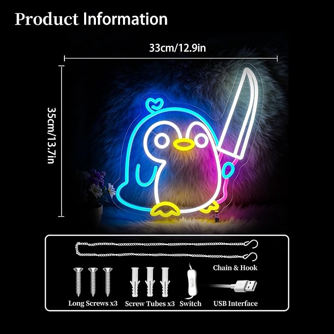 Penguin Neon Sign Led Sign Neon Signs for Wall Decor Neon Lights | Penguin Led Light Up Sign, Blue Game Room Decor, Boys Gift, Party, Wall Decor, 5V USB Powered