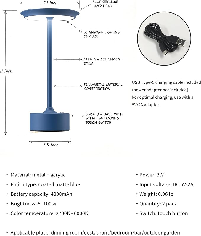 PUSU Rechargeable Table Lamps Set of 2, Blue Cordless Portable Desk Lamp | 4000mAh Battery, Stepless Dimming & 3 Color 2700K-6000K, LED Lamp for Bedroom, Living Room, Restaurant, Outdoor, Night Light