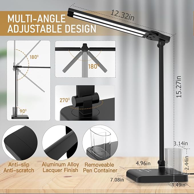 Dimmable LED Desk Lamp with USB Charging Port, 50 Lighting Modes Dual Swing Arm Architect Table Lamp Light Desk Lamp for Home Office Dorm Piano Nail