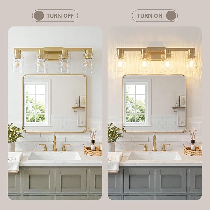 4-Light Bathroom Light Fixtures with Water Ripple Glass, Gold | Vanity Lights, Modern Wall Sconces, Over Mirror for Bathroom, Powder Room, Living Room