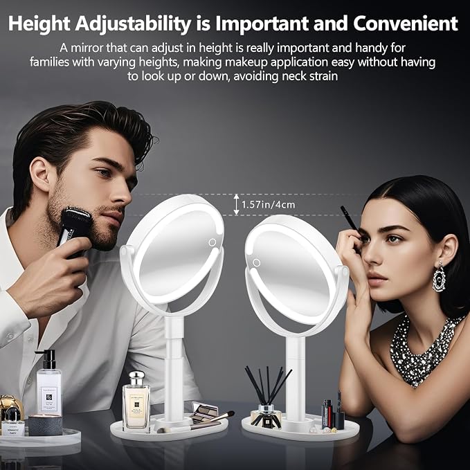 MIYADIVA Makeup Mirror with Lights, 30X Magnifying Mirror with Light and Touch Switch, Rechargeable Vanity Mirror with 3 Color Light and 80 LEDs, Height Adjustable Desk Mirror for Bathroom, Gift Idea