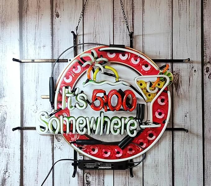 Neon Signs Compatible For It's 5:00 Somewhere Palm Tree Martini Beer Bar Bedroom Light Glass Neon Signs for Pub Cafe Man Cave Neon Light Art Wall Lights 24 X 20 Inches
