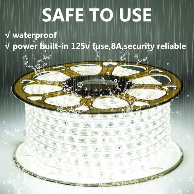 110V Daylight White Led Strip Light Outdoor 131.2ft 40m 6000K Led Rope Lights IP65 Waterproof Indoor Flexible Cuttable Connectable Ideal for Backyards Bedroom Car Deck Decorative Lighting