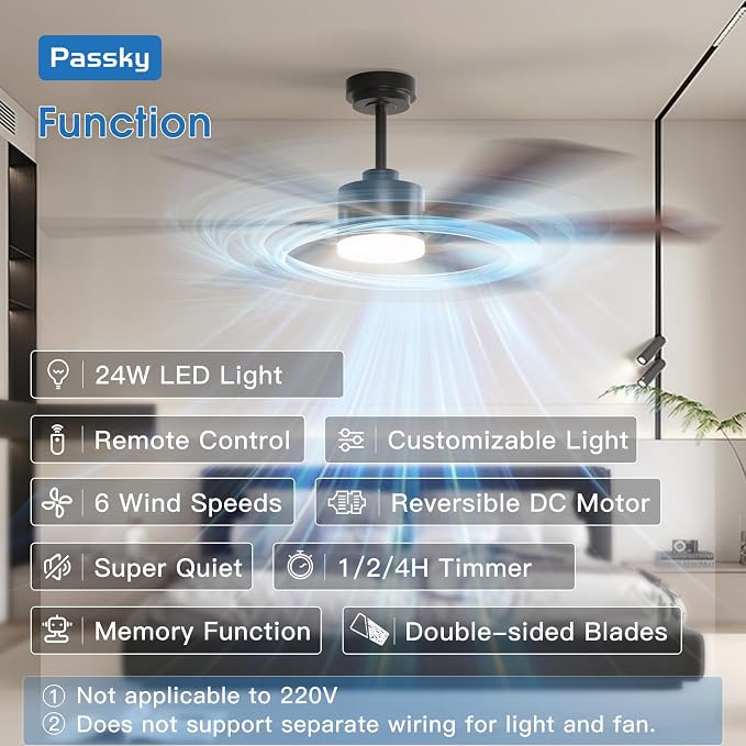 Passky 60 Inch Black Contemporary Ceiling Fans with Lights, Remote Control | 3CCT dimmable light, quiet DC motor, reversible airflow; black contemporary style for bedroom and living room