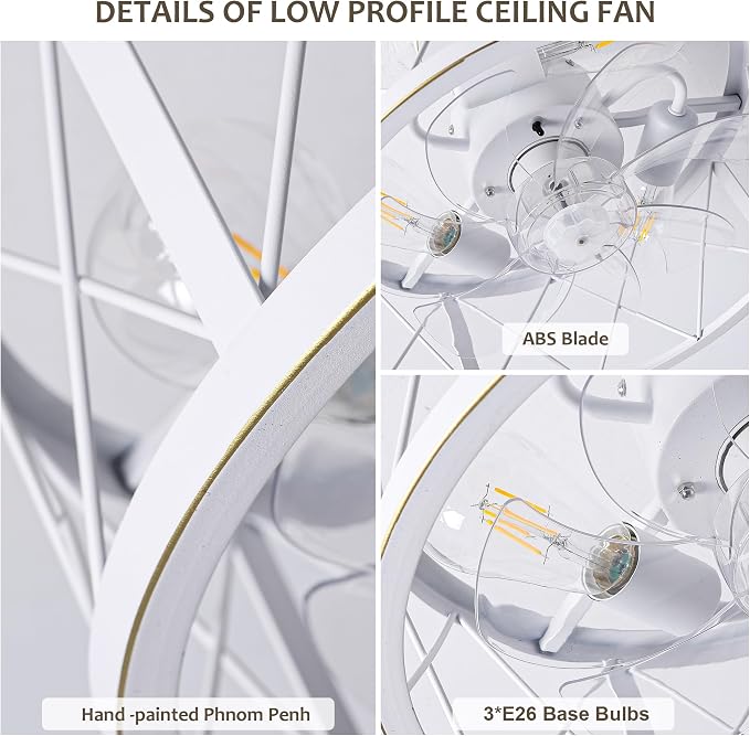 REDSTAR 15" Caged Ceiling Fans with Lights and Remote Flush Mount, White Round Industrial Ceiling Fan Light Fixture, Small Bladeless Ceiling Fan for Bedroom, Kitchen, Indoor