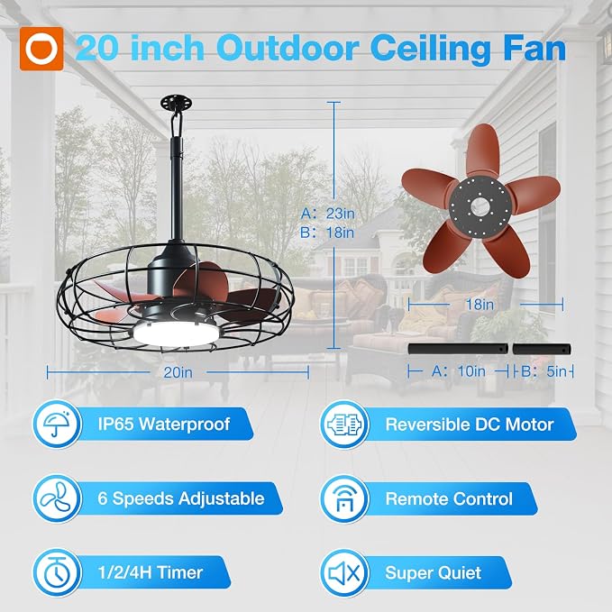 addlon 20" Outdoor Ceiling Fan with Light for Patio, IP65 Plug in Caged Fan | Waterproof, Hanging Hook, Reversible DC Motor, 6 Speeds, Remote Control, Quiet Operation, Timer, for Gazebo, Patio, Porch