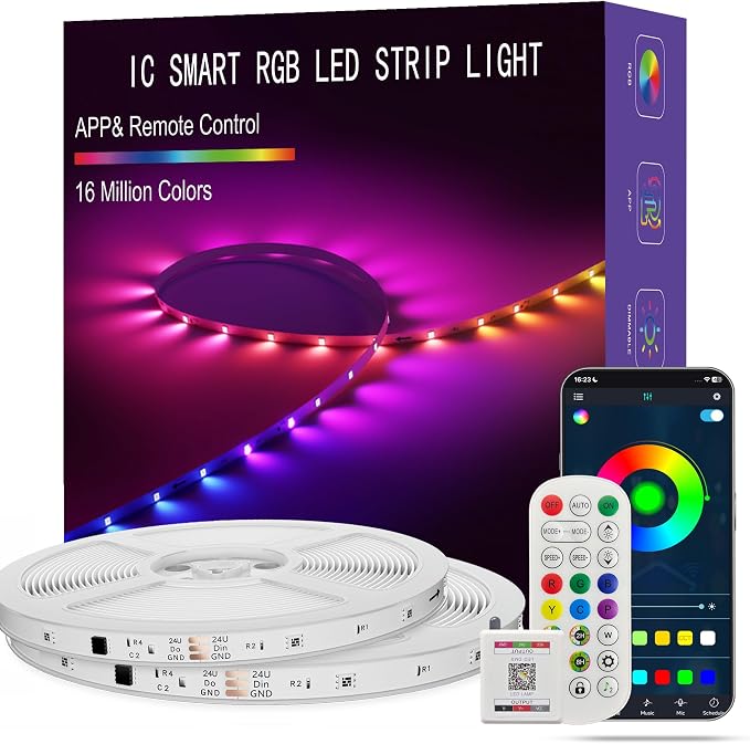 Led Lights for Bedroom 130FT Smart IC+RGB Strip Lights | Music Sync Color Changing, 24Key Remote+App Control Light Strip for BedHead,Underbed,Ceiling,Background Wall(2x83FT)