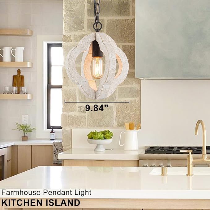10" Small Farmhouse White Wood Pendant Light for Kitchen Island Over Sink | Distressed White Oak, Rustic Country Style, Rust-Brown Finish, Orb Shape, E26 1-Light, Ajustable Height