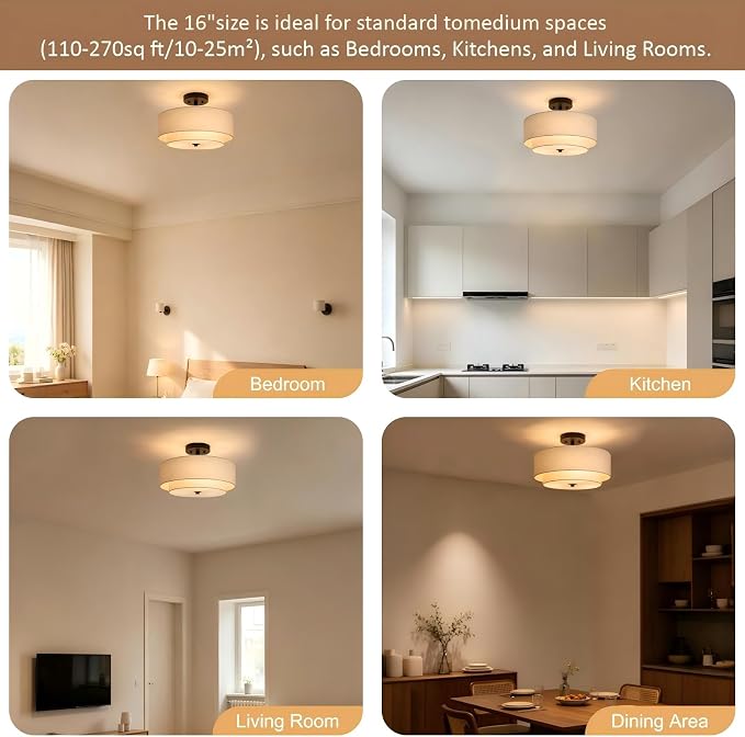 16" Semi Flush Mount Ceiling Light,3-Light,2-Layer Beige Linen Drum | Farmhouse Ceiling Light with Linen Fabric Shade,E26,Great for Living Room,Dining Rooms,Bedroom,Kitchen,Bulbs NOT Included