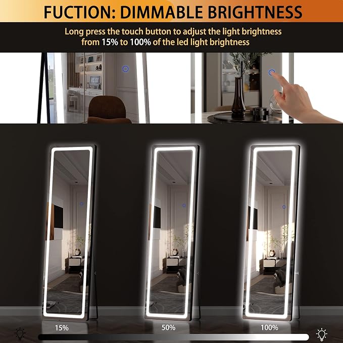 Hasipu Full Length Mirror with Lights, 56" x 16" LED Floor, Full Body Dressing Standing, Hanging Mounted Mirror, Round Black