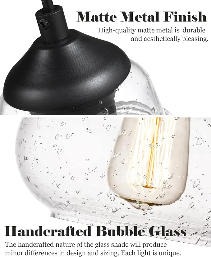 ELYONA 2 Pack Bubble Glass Pendant Light 8 inch Industrial Kitchen Hanging Pendant Light Fxitures Modern Hand Blown Seeded Glass for Farmhouse Dining Room Bar Bedroom Living Room Black