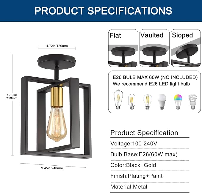 2 Pack Semi Flush Mount Ceiling Light,Black Metal Frame Ceiling Light Fixture with Golden Lamp Cup, Farmhouse Light Fixture for Kitchen Island Entryway Porch Foyer