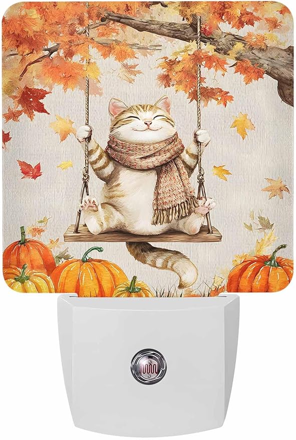 Thanksgiving Night Lights Plug into Wall LED Night Light Fall Pumpkin Cute Cat Maple Leaf Vintage Automatic Dimmable Dusk-to-Dawn Square Shaped Smart Nightlight for Bathroom/Bedroom