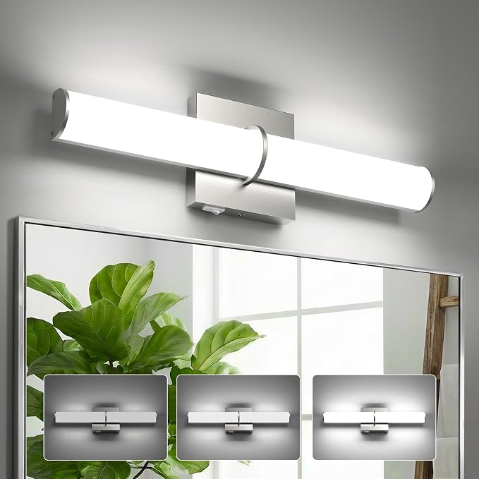 17.3Inch Modern Vanity Light Fixture with Switch, 12W 5000K Led Bathroom Light Fixture Over Mirror, Hardwired, Brushed Nickel 1200LM Vanity Light Bar for Mirror Bedroom Hallway Living Room
