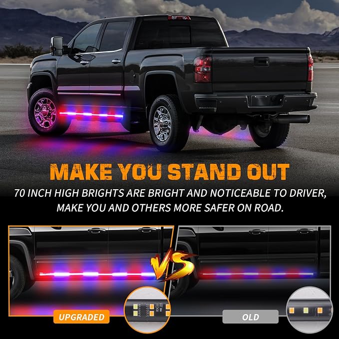 2 Pack 70-Inch Red Blue 864 LED Running Board Strobe Lights Strip | Warning High Bright IP67 Waterproof Flashing Hazard Lights for Trucks Pickups Construction Vehicles
