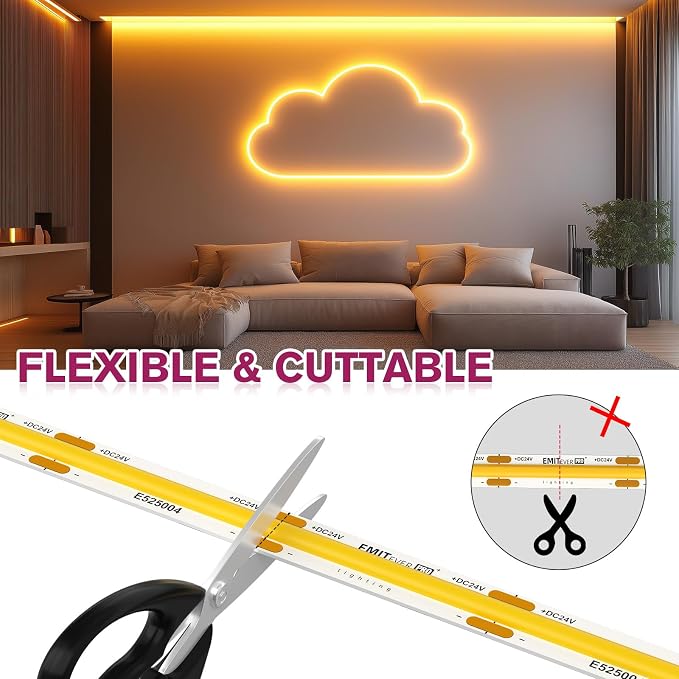 EMITEVER COB LED Strip Lights 2700K 24V, 16.4ft/5m, 2560LEDs, UL Listed | Warm White Tape Light Premium High Density,for Bedroom, Kitchen,Cabinets,360+Lumens/ft,Ra 90+ (Power Supply Sold Separately)