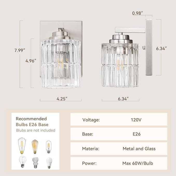 TALOYA Brushed Nickel 2 Pack Wall Sconces with Fluted Cylinder Glass Shade | Modern Vanity Lighting Fixtures, Bathroom Lights Over Mirror, Wall Mount Mirror Light Fixtures for Bathroom Hallway Bedroom